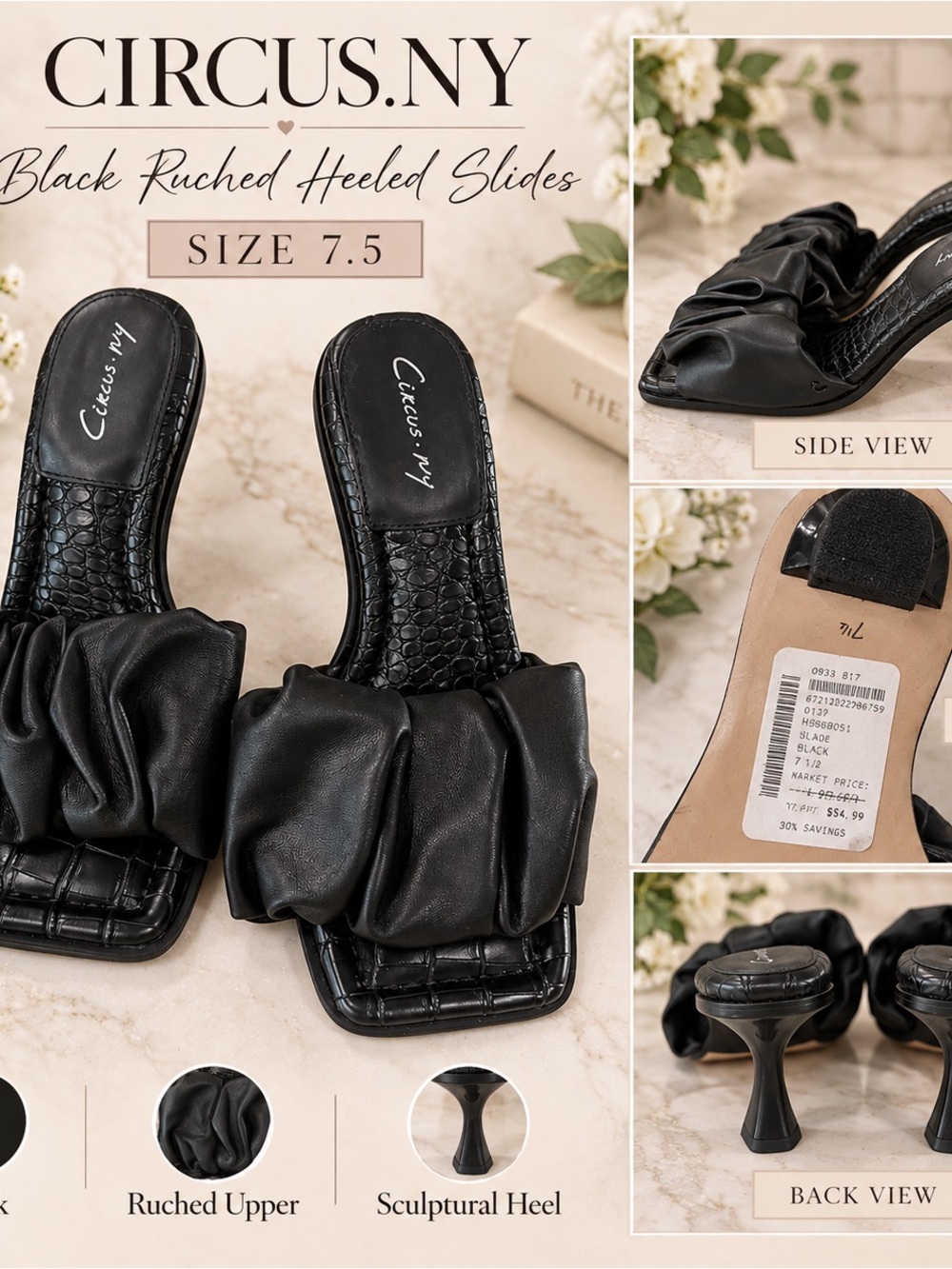 Black Ruched Heeled Slides